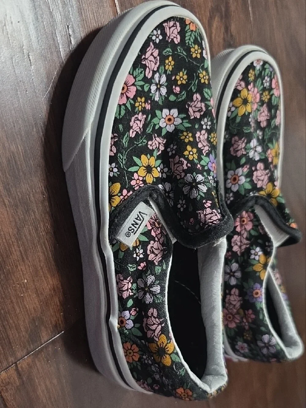 Vans Kids Black Floral Slip-On Sneakers with Pink & Yellow Flowers